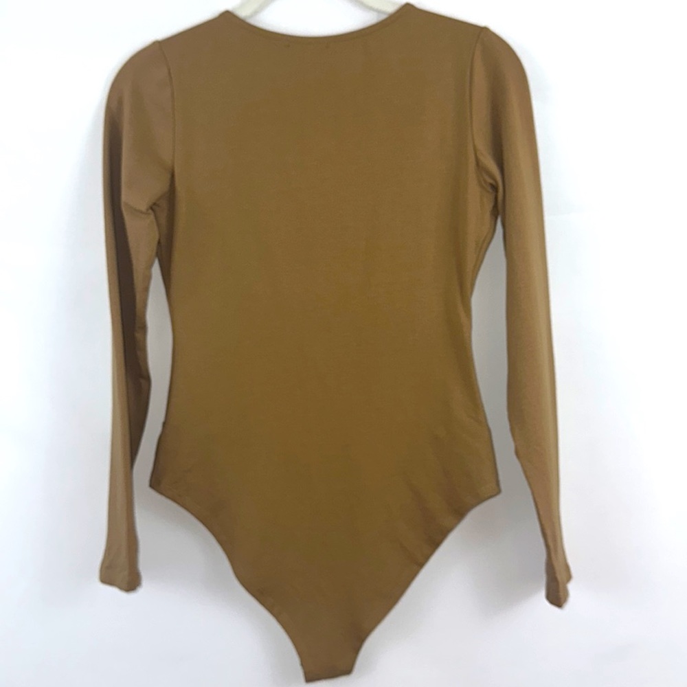 LINMON Mocha Long Sleeve Bodysuit Surplice Ruched Plunge V Neck Stretchy… - Picture 10 of 10